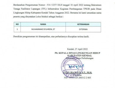 HASIL TES SELEKSI REKRUTMEN TENAGA FASILITATOR LAPANGAN (TFL) INFRASTRUKTUR KEGIATAN PEMBANGUNAN TPS3R