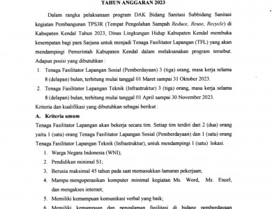 PENGUMUMAN REKKRUTMEN TFL DAK SANITASI SUBBIDANG SANITASI TAHUN 2023